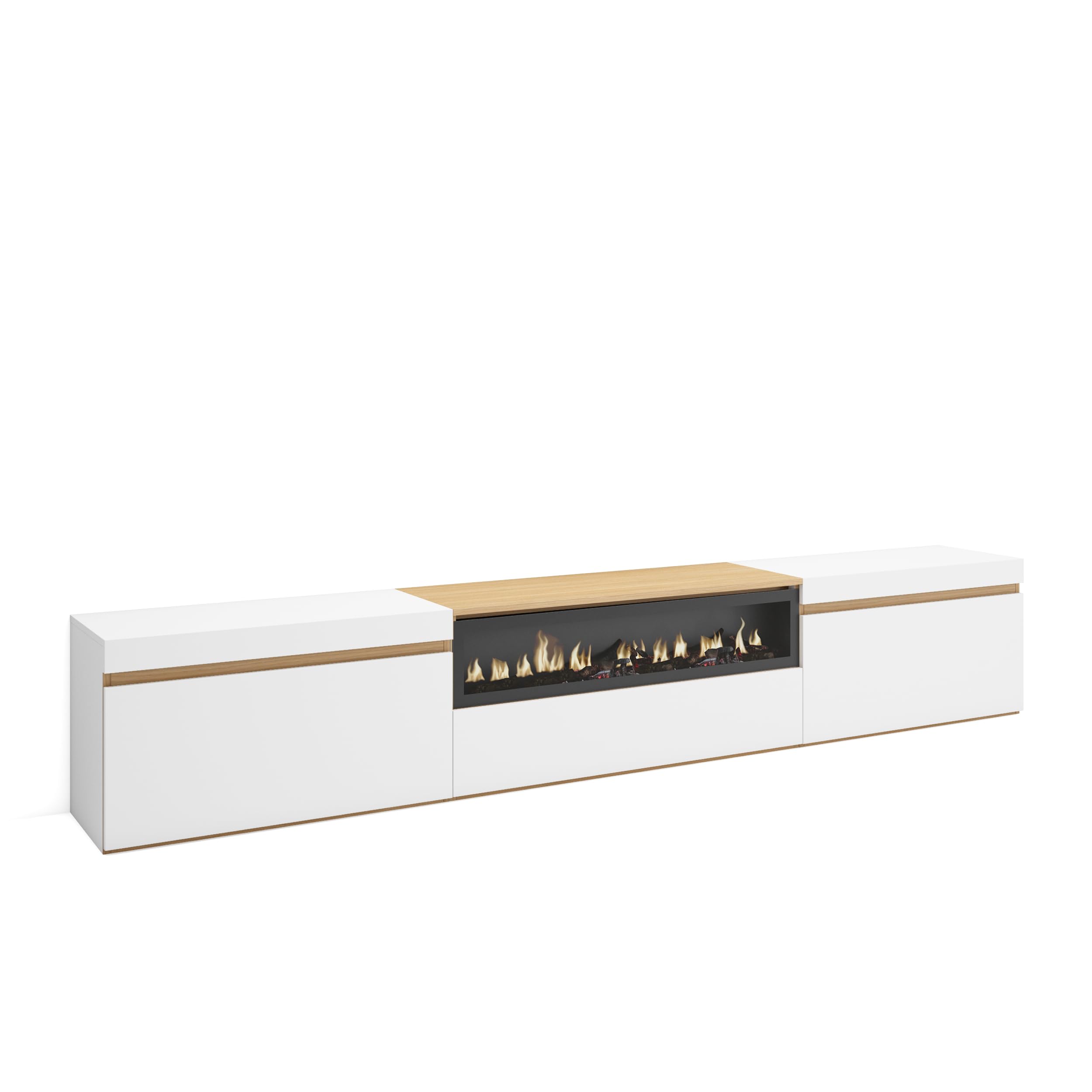 Skraut Home | Meuble TV | Banc Télé | Grand Espace de Rangement | 260x45x35cm | TV Grand Format | Cheminée électrique | Style Moderne | Blanc et Chêne Soft
