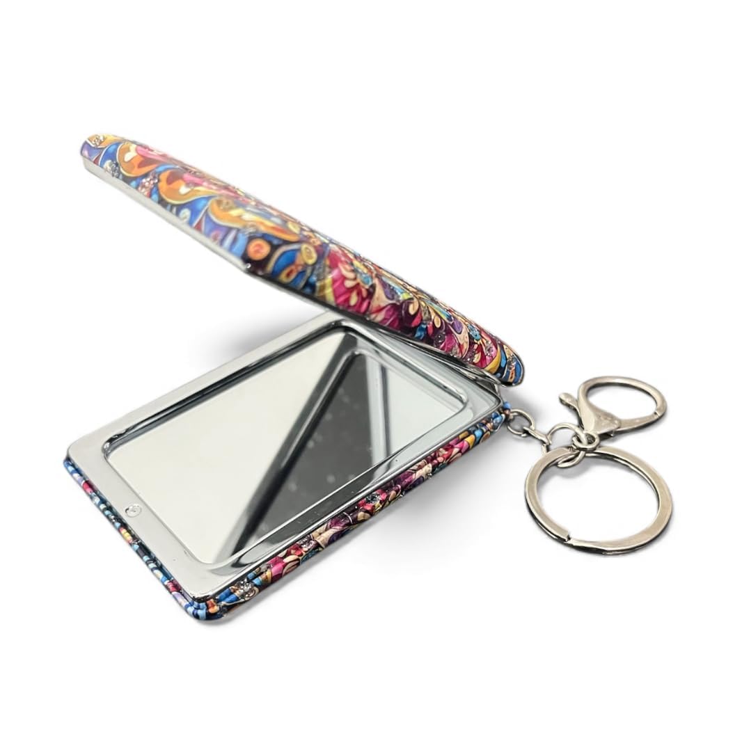 Colorful Butterfly Compact Mirror with Keychain – Decorative Double-Sided Folding Pocket Vanity Mirror for Women (Floral Design).