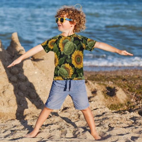Boys Short Sleeve T-Shirts Sunflower Turtle Floral Rashguard Kids Swim Shirts Sun UPF 50+4