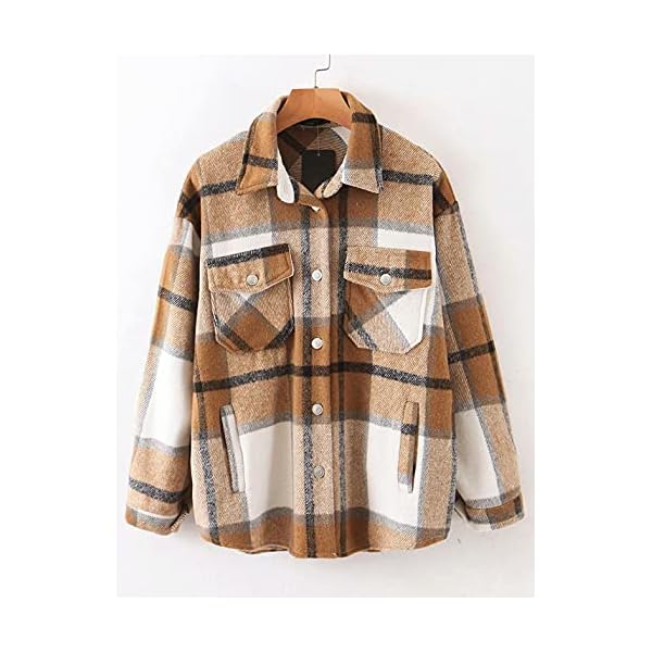 Tanming-Womens-Brushed-Flannel-Plaid-Lapel-Button-Short-Pocketed-Shacket-Shirts-Coats Tanming Womens Brushed Flannel Plaid Lapel Button Short Pocketed Shacket Shirts Coats(01 Khaki-M)