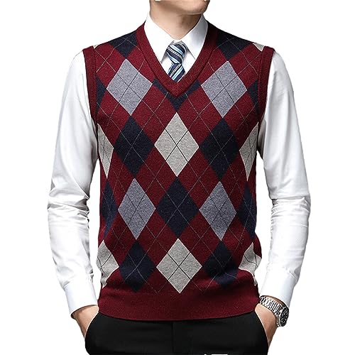 Men Designer Argyle Pullover Diamond Sweater V Neck Knit Vest Men 6% Wool Sleeveless Clothing