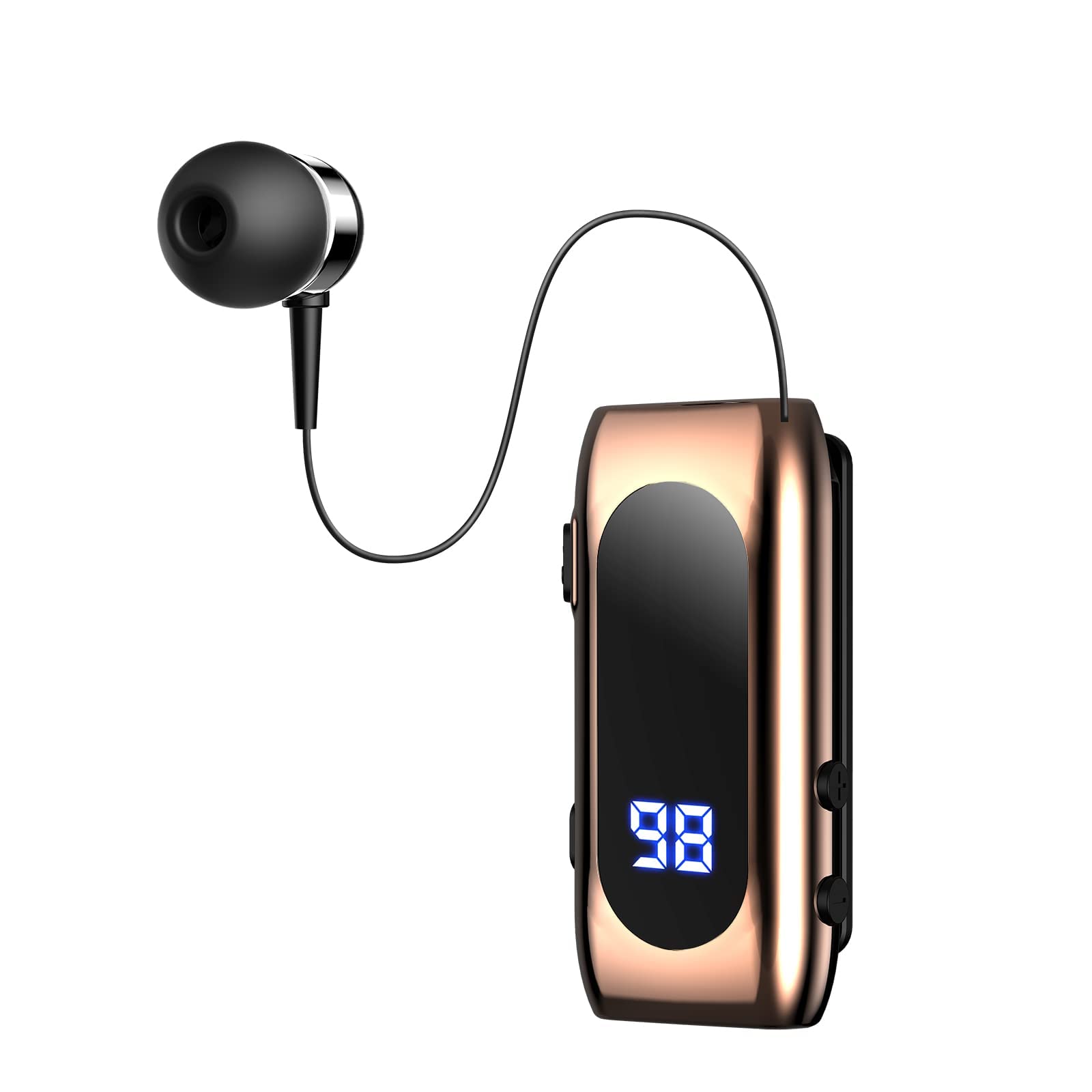 MAKINGTEC Retractable Bluetooth Headphones, Collar Clip Bluetooth Headsets Wireless Earphone Display Quick Charger Handsfree Earbuds v5.2 with Microphone for Cell Phone (Gold)