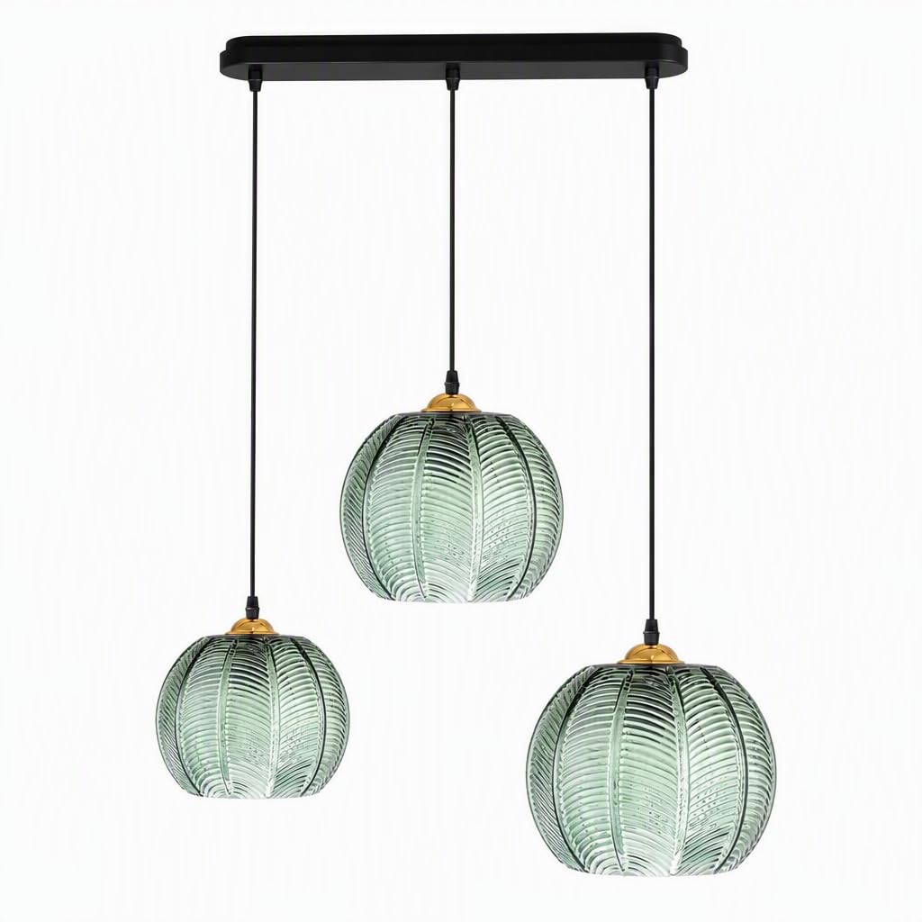 Lampy wiszące, 3-punktowe, klosz żebrowany, lampa wisząca z regulowanym przewodem, trzonek żarówki E27, nowoczesna lampa wisząca w kształcie szklanej kuli