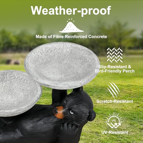 Image of SunJet 18 inch Fibre Reinforced Concrete Outdoor Birdbath, 2-Tier Black Bear Bird Bath & Bird Feeder, Bird Bath Garden Decor with Dual Basins for Patio, Backyard, Lawn