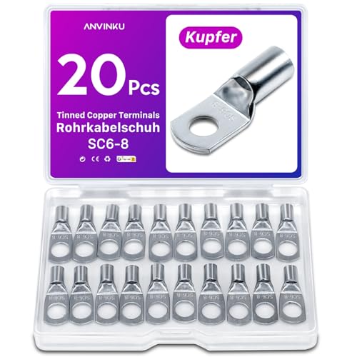 20 Stück Rohrkabelschuh 6mm2 M8 Kabelschuhe Set ANVINKU Rohrkabelschuhe Set für Kfz Batteriekabel Set Kabelschuh Sortiment SC Rohrkabelschuh Set 6mm Kabelschuhe für Auto Motorräder Boote