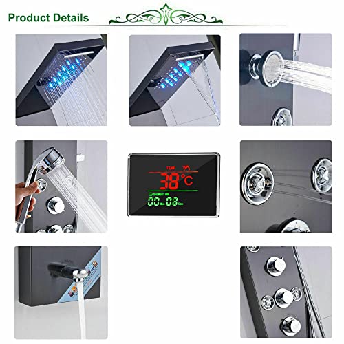 Columna de Ducha de Acero Inoxidable con Panel LED, Sistema de Masaje y Lluvia, Negro, Modelo 8009 miniatura 5