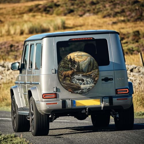 Image of Landscape and Deer Spare Tire Cover Wheel Protectors Weatherproof Deer Pattern Wheel Covers Universal Fit for Trailer RV SUV Truck Camper Travel Trailers Accessories 14 Inch