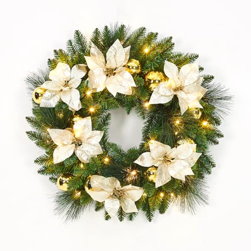 Garvee 24" Christmas Wreath with Flower Cypress Leaves Balls Ornament, Pre-Lit Front Door Christmas Wreath, Winter Christmas Decoration for Window Doo