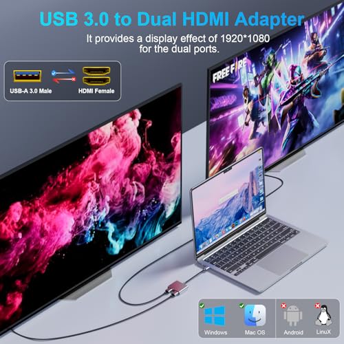 Image of Reborn USB to HDMI Adapter, 1080P@60Hz USB 3.0 Male to Dual HDMI Female Multi-Display Cable Converter Suitable for MacOS, Windows 7 /8 /10 /11 - Driver Installation is Required