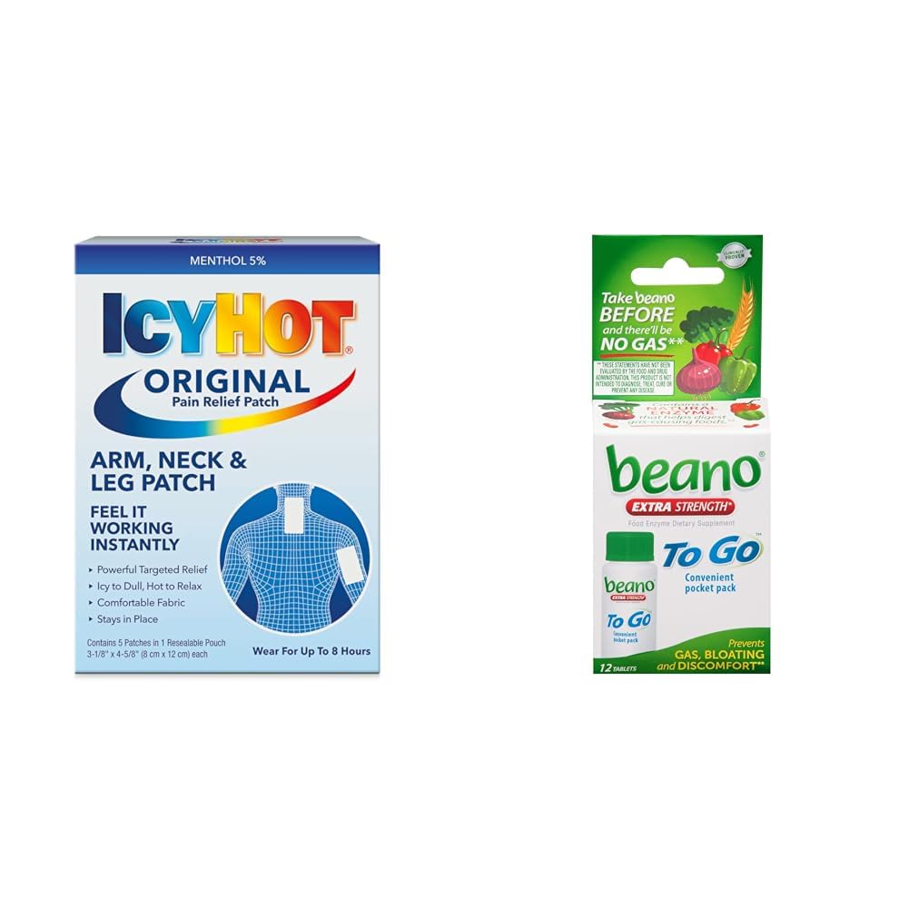 Icy Hot Original Small Pain Relief Patches (5 Count) for Arm, Neck & Leg + Beano to Go Gas Prevention Tablets, 12 Count