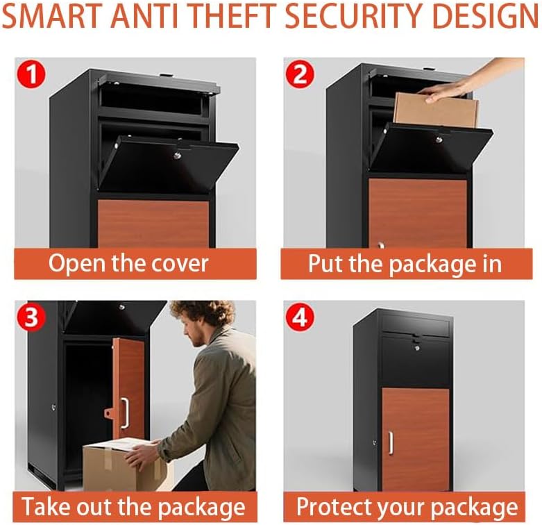 Package Delivery Boxes for Outside,44.5" Large Parcel Drop Box,Heavy Duty Steel Lockers with Waterproof and Anti Theft for Outdoor,Porch,Curbside (Black&Brown)