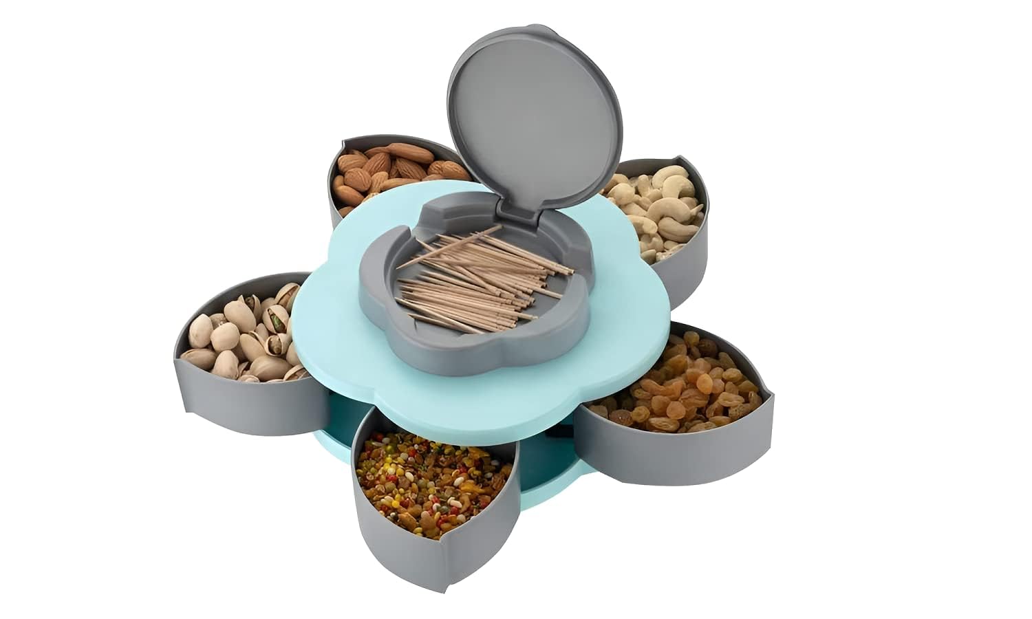 5 Compartment Rotating Flower Candy Box – Set of 2 | Dry Fruit, Snack & Masala Storage Tray | 6-Month Warranty | Smart Multi-Color Organizer for Home, Kitchen, Office (Plastic)-image-12
