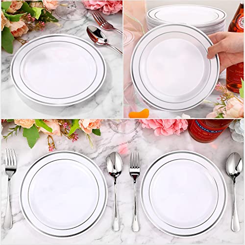 200 Pieces Disposable Plates Plastic Plates With Rim Hard Plastic Appetizer Salad Dessert Plates 7.5 Inch Heavy Duty Plates For Dinner Wedding Party Supplies (Silver Rim) #TOP4