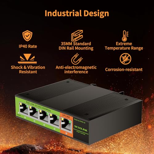 Image of Industrial 5-Port Gigabit PoE+ Switch | 4x30W PoE Ports, 1 Uplink, 35mm DIN-Rail Mount, IP40, Dual Power Input