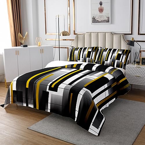 Abstract Geometry Bedding Set Twin Size Black Yellow White Bed Set for Girls Teens Bedroom Decor Kids Modern Simple Fitted Sheet Soft Microfiber Square Grid Bed Cover(1 Fitted Sheet+1 Pillow Case)