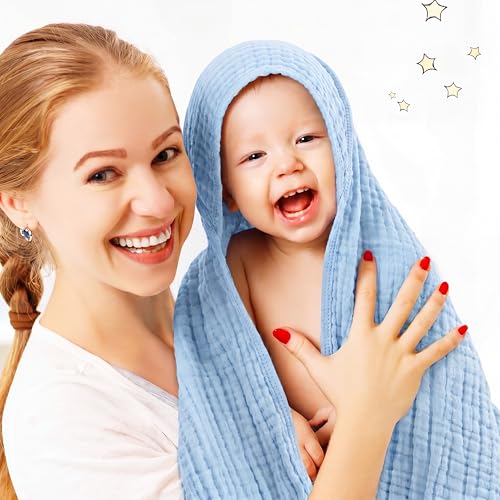 Image of Chumia 6 Pack Baby Muslin Bath Towels Bulk 43.3 x 43.3 Inch 6 Layer Soft Cotton Swaddle Receiving Blankets Breathable Quick Dry for Newborn Infant Toddler, Baby Shower Registry Gifts(Blue and White)