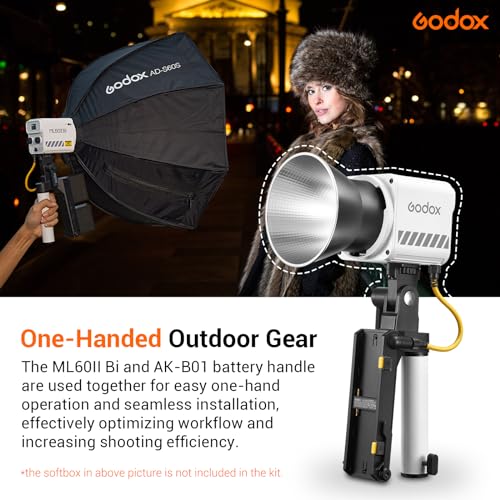 Image of Godox ML60IIBi Bi-Color LED Video Light,70W Portable COB Continuous Output Lighting 2800K-6500K CRI 96+ /TLCI 97+,11 FX Effects, APP Control Ultra-Quiet Handheld LED Light with AK-B01 Battery Base