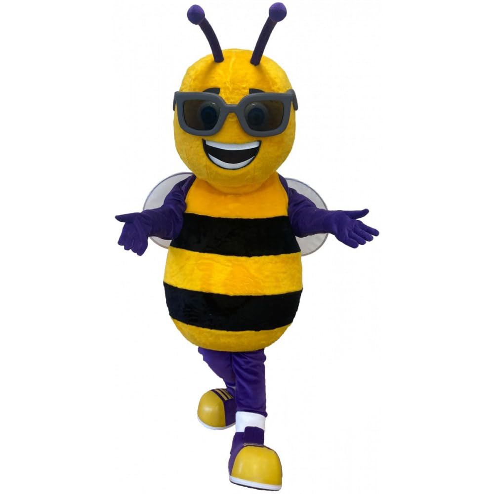 Happy Bee Mascot Costume with Sunglasses for Adults Men Women with Built-in Fan Inside the Head