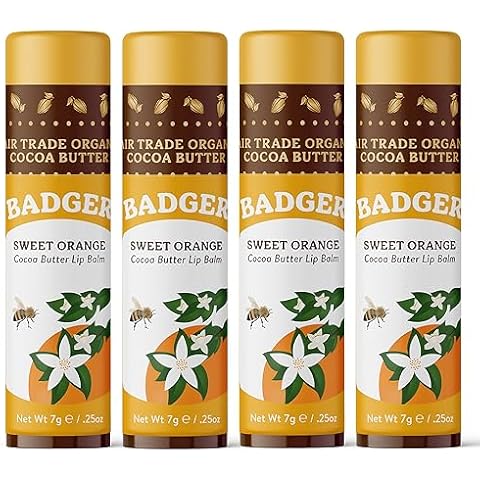 Badger Organic Cocoa Butter Lip Balm, Sweet Orange Flavor, 4 Pack Cover
