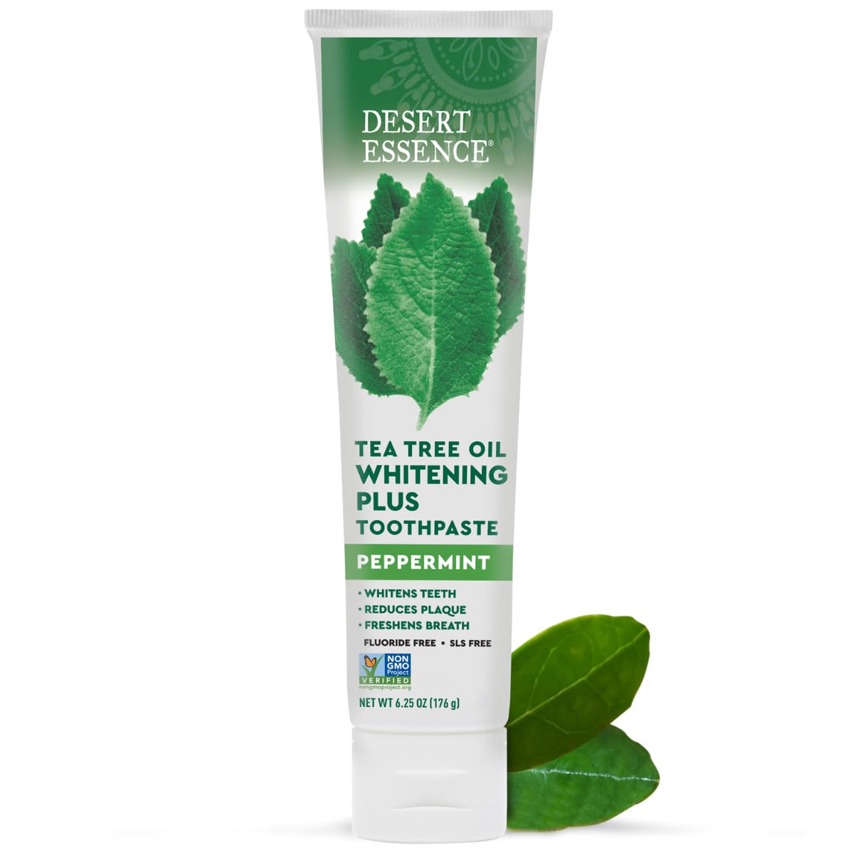 Desert Essence Tea Tree Oil Whitening Plus Toothpaste - Peppermint - 6.25 Oz - Antiseptic Tea Tree Oil - Zinc Citrate - Baking Soda - Freshens Breath - Reduced Plaque - Fluoride Free