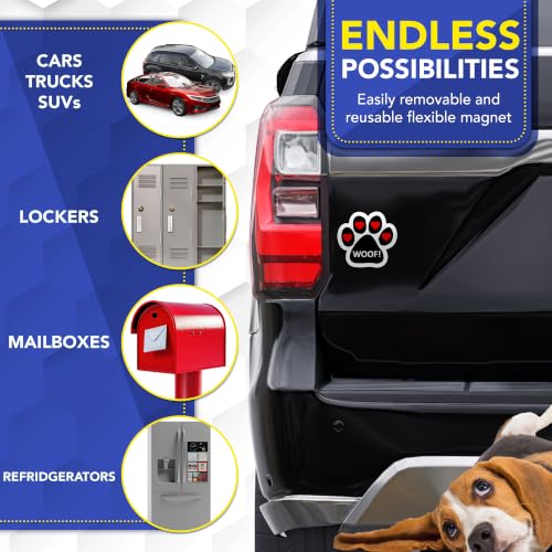 Image of Magnet Me Up Woof! with Heart Pawprint Magnet Decal, 5 Inch, 2 Pack, Heavy Duty Automotive Accessory Magnet for Cars, Trucks, and SUVs, UV- Printed, Vinyl, Crafted in USA