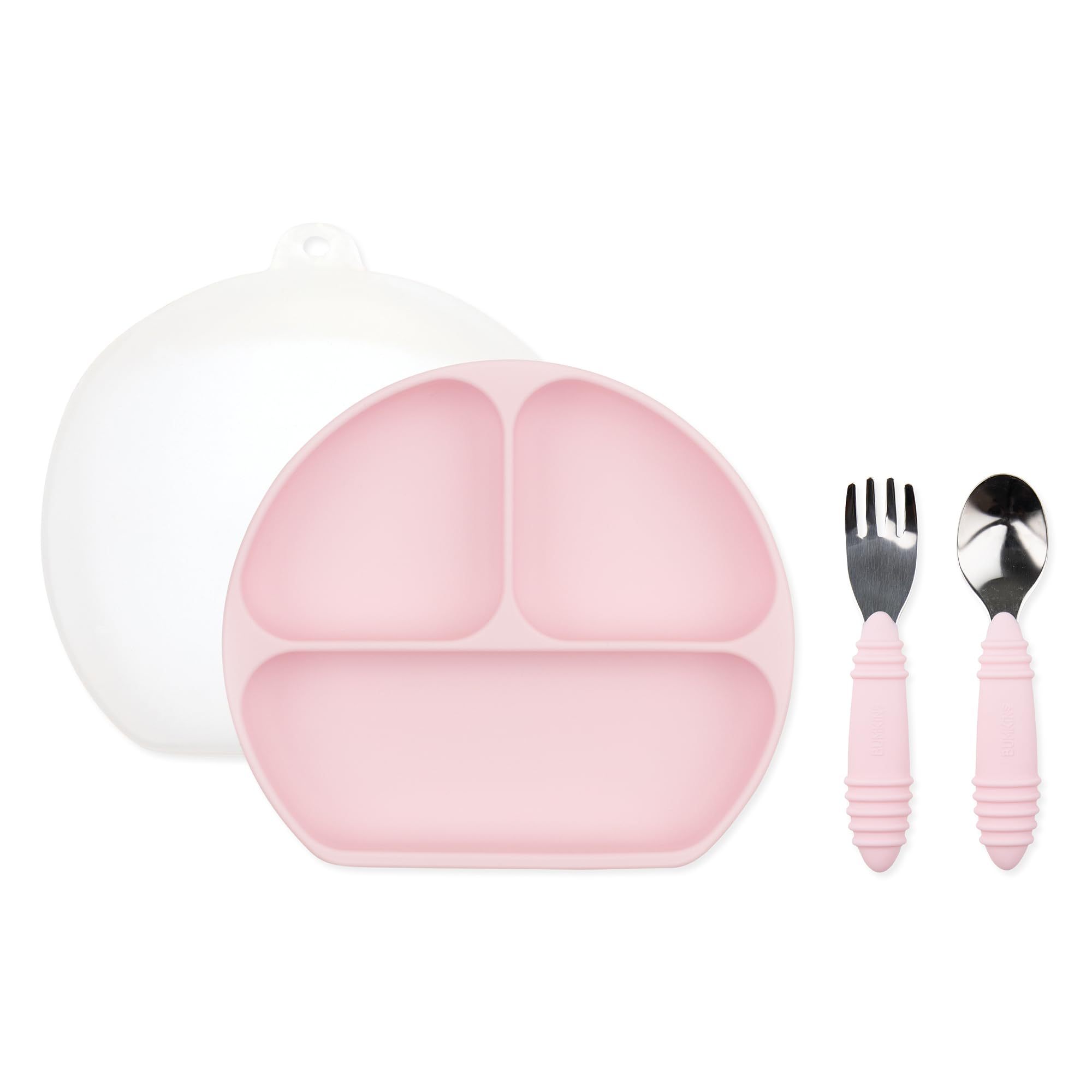 Bumkins Silicone Grip Dish 3-Section, Fork and Spoon & Silicone Lid, Pink