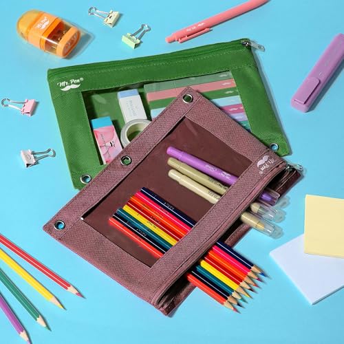 Image of Mr. Pen- Pencil Pouch for 3 Ring Binder, 2 Pack, 10 inchx6.75 inch, Smooth Zipper | Clear Window, Large Capacity Pencil Case with 3 Reinforced Grommets for School, Office, Supplies Storage | Clear Window, Large Capacity Pencil Case with 3 Reinforced Grommets for School, Office, Supplies Storage