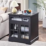 NONGSHIM Farmhouse End Table with Drawer, 24' Large Sofa Side Table with Charging Station, Barn Door, Rustic Wood Nightstand, Bedside Table for Living Room, Bedroom, Office, Black