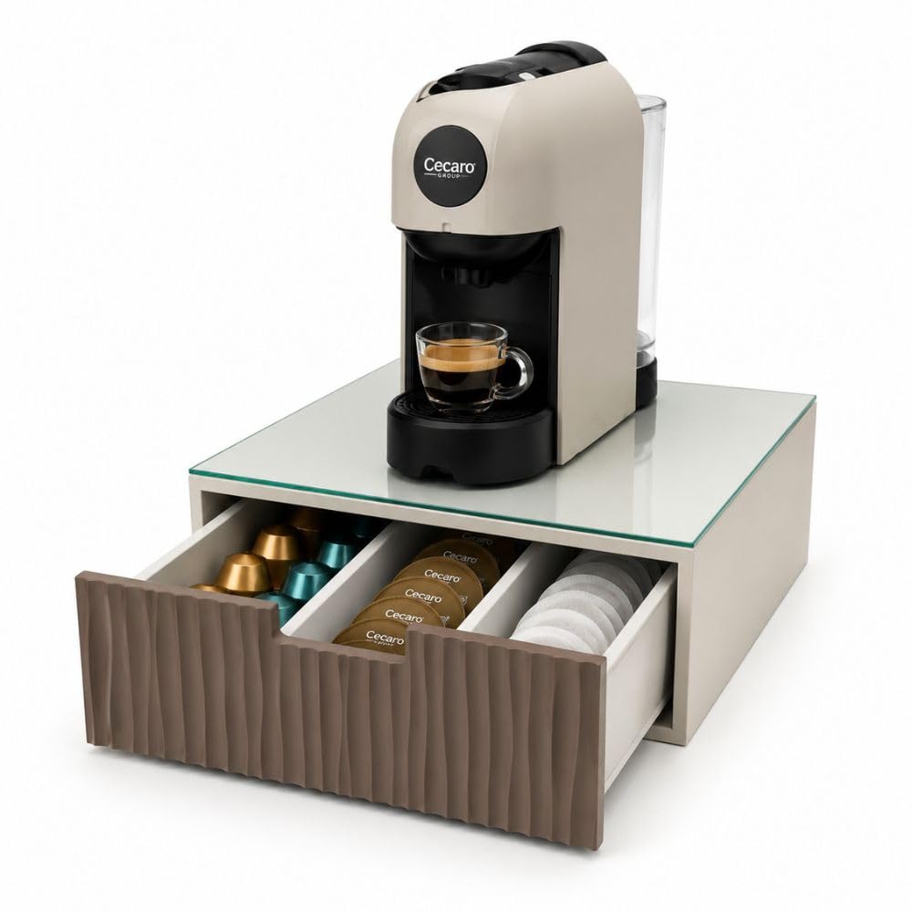 Porta Capsule e Porta Cialde in Legno Bamboo con Piano in Vetro Temperato – Organizer Caffè con 3 Scomparti – Cassetto Lavorato Oro o Tortora (Cassetto Tortora)