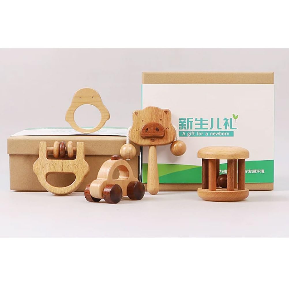 Montessori Holz-Babys-Spielzeugset, Greifspielzeug aus natürlichem Buchenholz, Beiß- und Sinnes-Spielzeug, frühpädagogisches Spielzeug (5 Stück)