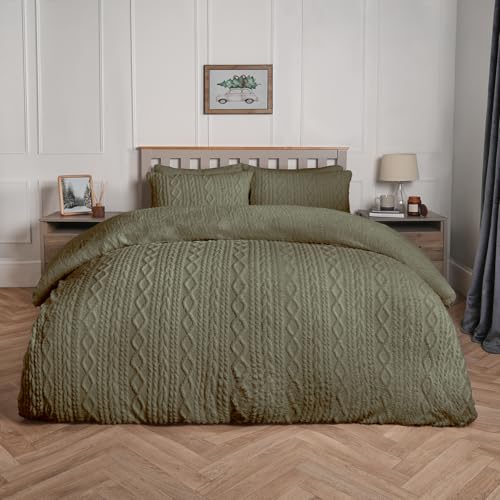 OHS King Size Fleece Duvet Cover Sets, Ultra Soft Warm Fleece Luxurious Cable Knit Design Winter King Size Bedding Set with 2 Matching Pillowcases, Woodland Green - Cosy Home Interiors OHS King Size Fleece Duvet Cover Sets, Ultra Soft Warm Fleece Luxurious Cable Knit Design Winter King Size Bedding Set with 2 Matching Pillowcases, Woodland Green