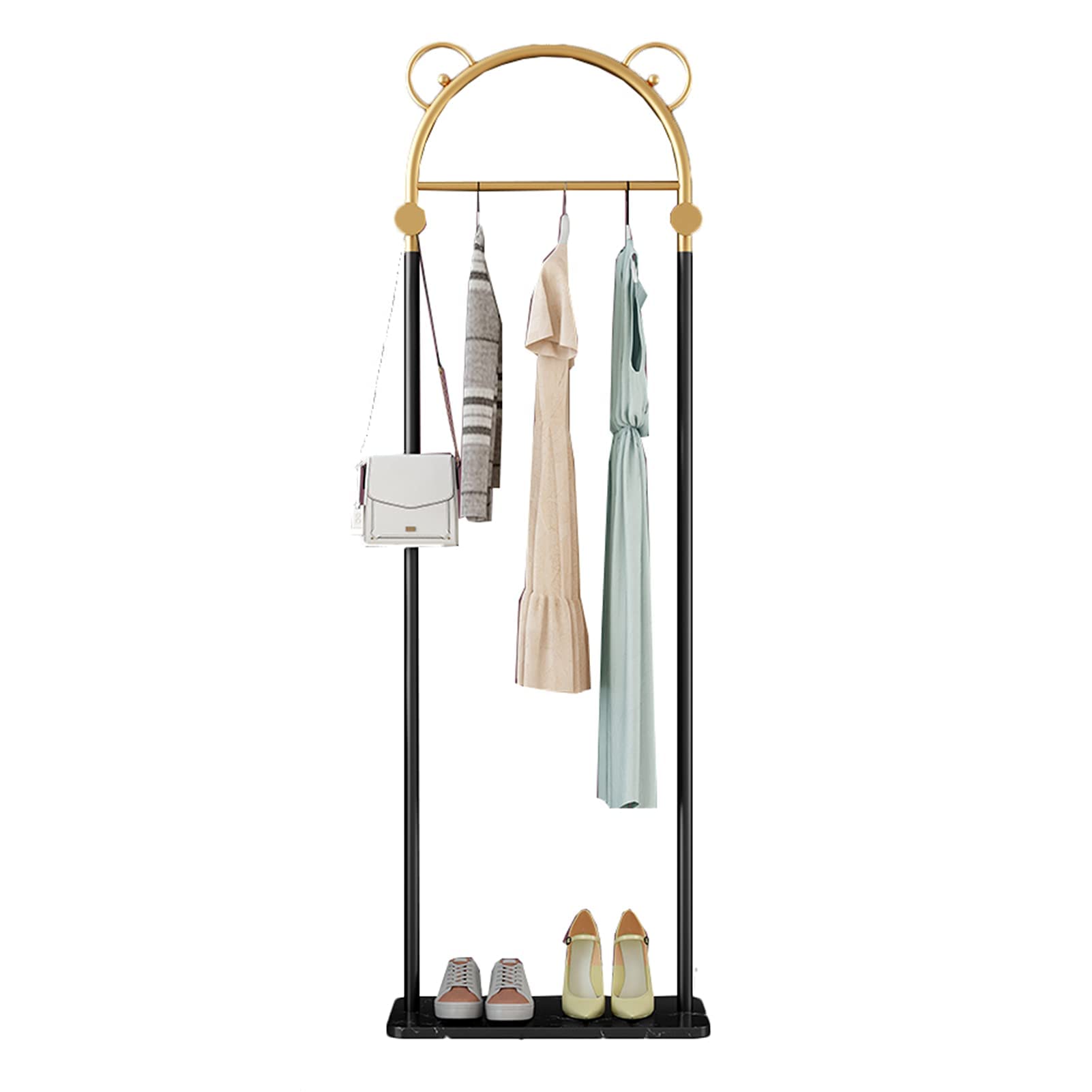 Kleiderständer Metallgarderobe, freistehender Kleiderständer im Schlafzimmerkorridor mit Marmorregal und 2 Haken, Kleiderständer für den Einzelhandel, Gold + Schwarz, 50 x 30 x 176 cm