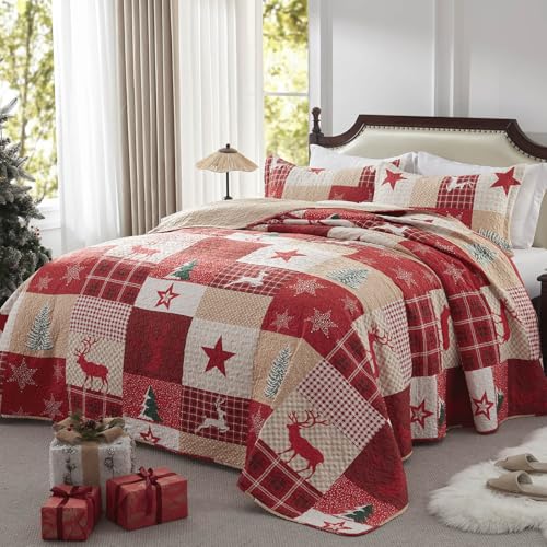 LEAONME Christmas Quilt Set 3-Piece Full Queen Size Bedspread Coverlet 90''x98'' Lightweight Patchwork Oversized Bedding Set with 2 Pillow Shams for All Seasons