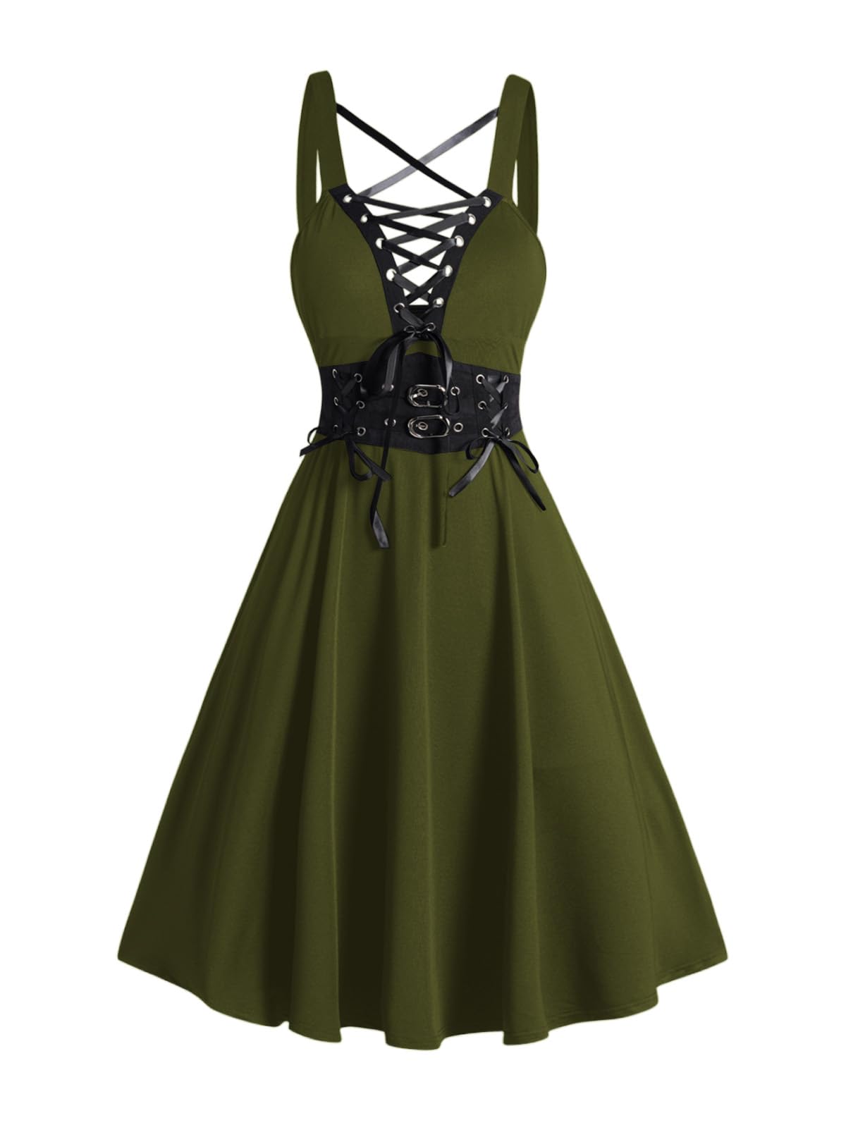 DRESSFO Women’s Gothic Lace-Up Mini Dress – Crisscross Strap A-Line Dress with Plunging Neck and Buckle Detail