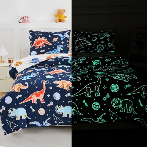 NTBED Dinosaur Kids Comforter Set Queen Size 5 Pieces Bed in A Bag for Boys Girls Glow in The Dark Space Planet Bedding Set with Sheet
