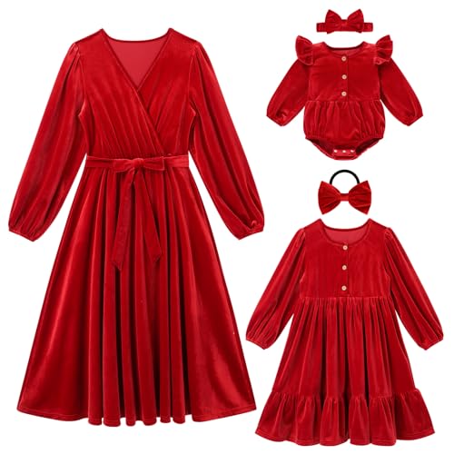 AWIBMK Mommy and Me Christmas Dresses Long Sleeve Velvet Dress Fall Winter Xmas Holiday Mom Daughter Matching Outfits