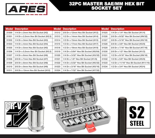 Image of ARES 31030 32-Pc Master SAE & Metric Hex Bit Socket Set - 1 /4,3 /8,1 /2-In