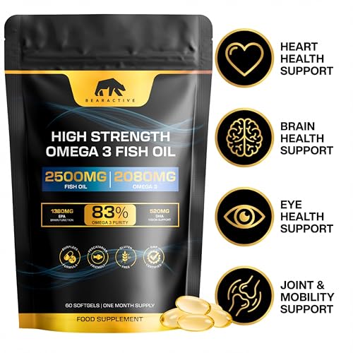 Omega 3 Capsules High Strength Fish Oil 2500mg – 2080mg – 83% Omega-3 (1380 EPA & 520 DHA) – Burpless Pescatarian Softgels for Heart, Brain, Eyes & Joints – 60 Softgels - Image 5
