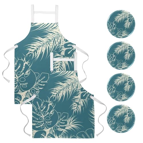 Lot de 2 tabliers de cuisine avec 4 broches à motif feuilles multicolore
