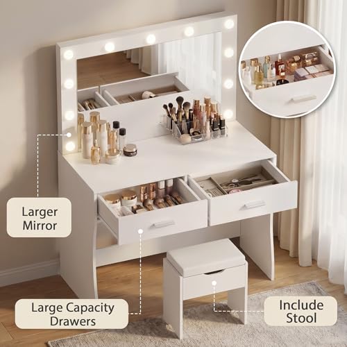 Image of YESHOMY Vanity Desk with Mirror,Makeup Vanity Table with 11 Adjustable Lights and 2 Spacious Drawers,3 Lighting Modes with Control&Soft-Padded Storage Stool,Modern Bedroom Vanity Set, Pure White