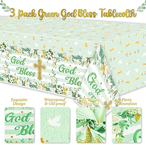 Image of God Bless Baptism Tablecloth - 3-Pack Green Baptism Table Cover Christmas Winter Xmas New Year Party God Bless Cross Religious Waterproof Rectangle First Communion Baby Shower(54x108 Inch)