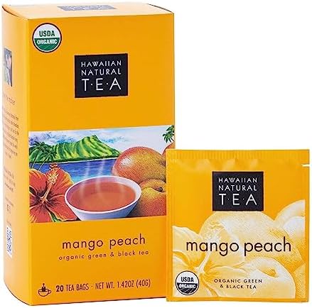 Hawaiian Natural Tea Tropical Flavors of Hawaii Tea Bags, Mango Peach, Pack of 1-20 Tea bags