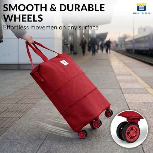 Image of Btag Travel Duffle Bag with Wheels | Convertible Handbag, Trolley & Shoulder Luggage for Clothes | Space-Saving Foldable Travel Companion | Expandable & Waterproof Traveling Bag for Unisex (Wine Red)