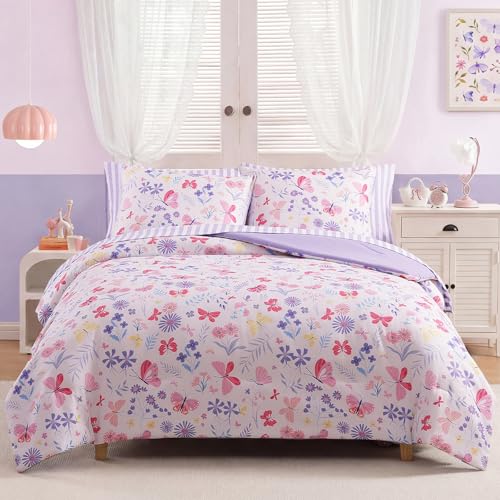 Image of Twin XL Comforter Set for Girls Butterfly Botanical 5 Pieces Bed in a Bag