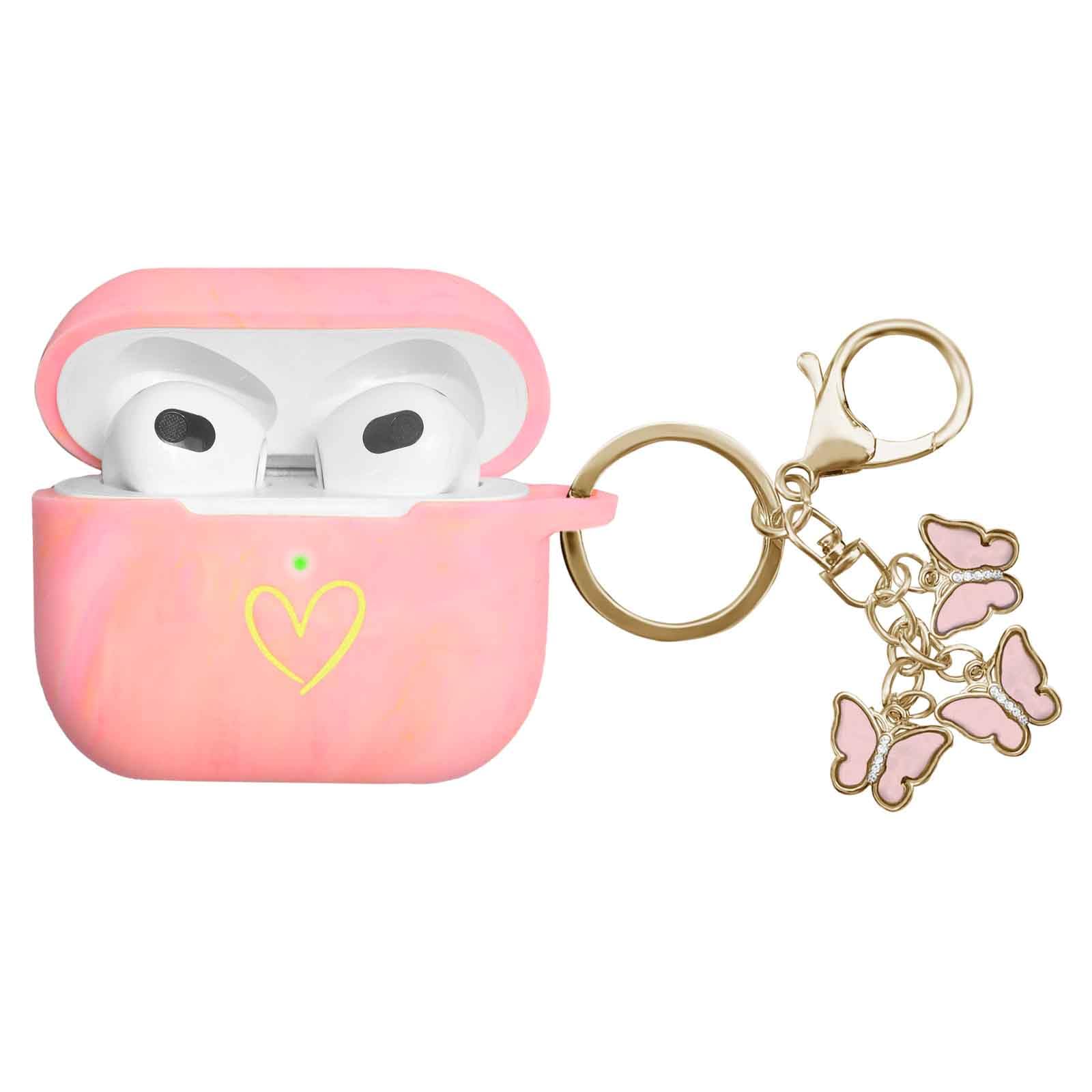 AIIEKZ Compatible with AirPods 3 Case Cover 2021, Soft Silicone Case with Gold Heart Pattern for AirPods 3rd Generation, Cute Butterfly Keychain for