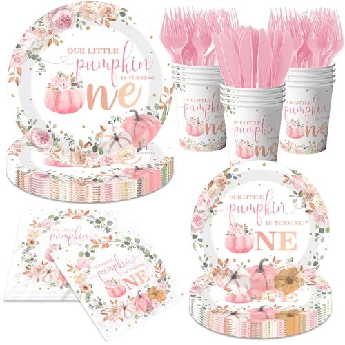 Our Little Pumpkin is Turning One Decorations- 144Pcs Pink Pumpkin Plates and Napkins Fall Floral Little Pumpkin 1st Birthday Tableware Girls
