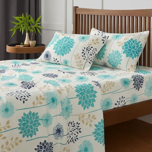 Image of King Size Bedsheet - Coverlet Blue Floral Design - 108 x 108 Inches - Brushed Microfiber Flat Sheet with Pillow Covers - Soft, Cooling & Wrinkle-Free Bedding