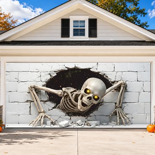 Kreyfer 16 x 7 FT Halloween Skeleton Garage Door Banner Decorations Giant Creepy Skull Breaking Wall Garage Door Cover with Glowing Eyes for Haunted House Outdoor Halloween Party Dcor