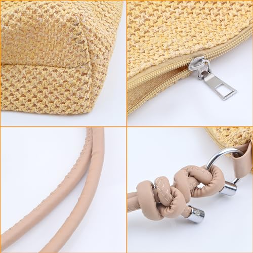 Image of 1pcs Straw Shoulder Bag Handmade Woven Mesh Hobo Tote Bag Summer Beach Casual Straw-woven Shoulder Handbag and 26 Letters Pearl Iron-on Patches for Women Swimming Pool Accessories