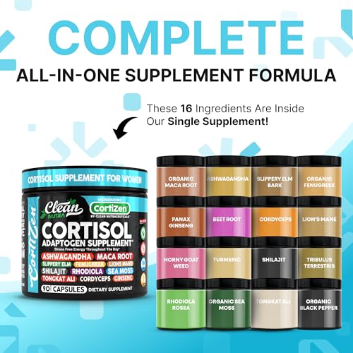 Clean Nutra Cortisol Supplements For Women | Maca Root Ashwagandha Cortisol Detox Manager Reducer + Slippery Elm Fenugreek Lions Mane Shilajit Rhodiola Sea Moss Tongkat Ali Cordyceps Ginseng Beet Root - Image 3